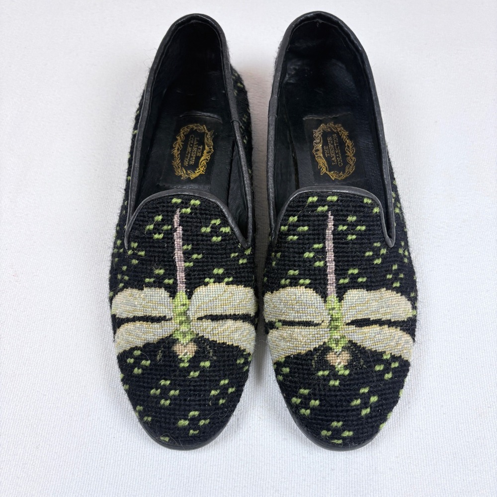 Larkspur Collection Needlepoint Dragonfly Loafers Shoes Black Cottagecore 8.5